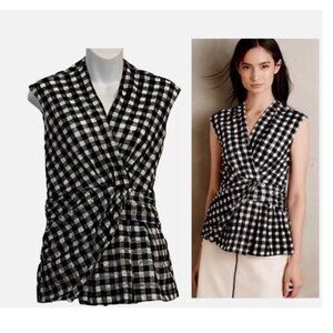 Anthro Deletta Delphine XS Black White Buffalo Plaid Top Faux Wrap Side …